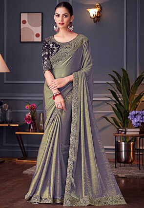 Embroidered Border Chiffon Scalloped Saree in Blue