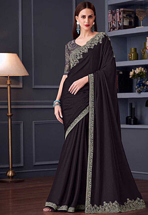 Embroidered Border Chiffon Scalloped Saree in Dark Violet