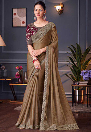 Embroidered Border Chiffon Scalloped Saree in Fawn