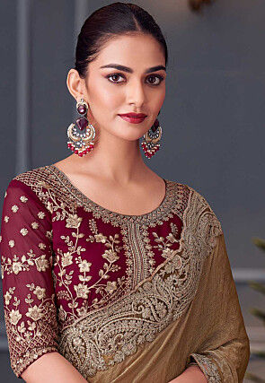 Embroidered Border Chiffon Scalloped Saree in Fawn