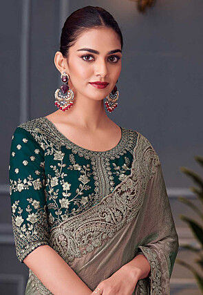 Embroidered Border Chiffon Scalloped Saree in Fawn