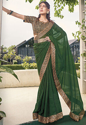 Eid Collection Plain Party Wear Silk Emerald Green Saree