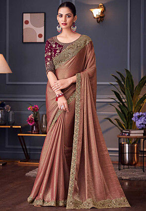 Embroidered Border Chiffon Scalloped Saree in Peach
