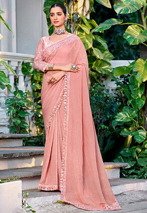 Embroidered Border Chiffon Scalloped Saree in Peach
