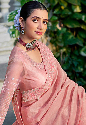 Embroidered Border Chiffon Scalloped Saree in Peach