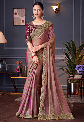 Embroidered Border Chiffon Scalloped Saree in Pink
