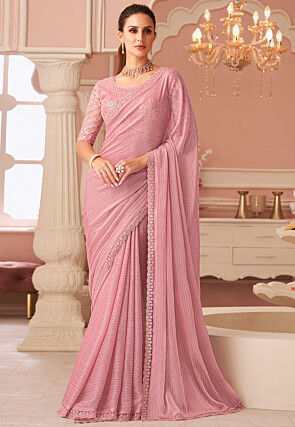 Embroidered Border Chiffon Scalloped Saree in Pink