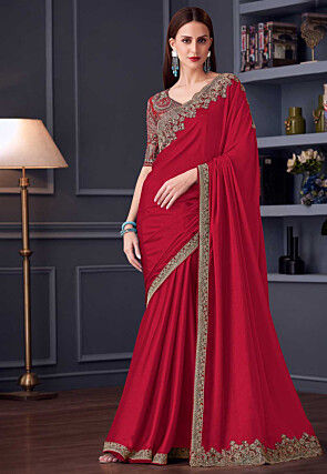 Embroidered Border Chiffon Scalloped Saree in Red