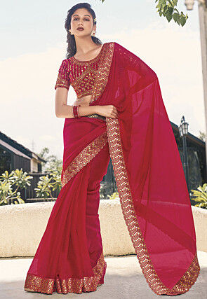 Embroidered Border Chiffon Scalloped Saree in Red