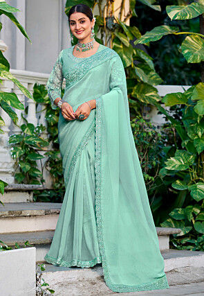 Embroidered Border Chiffon Scalloped Saree in Sea Green