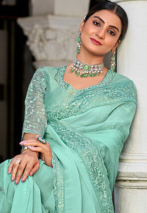 Embroidered Border Chiffon Scalloped Saree in Sea Green