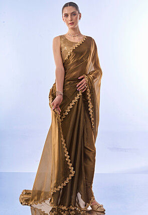 Embroidered Border Chiffon Shimmer Saree in Fawn