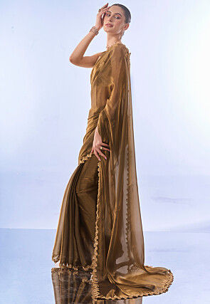 Embroidered Border Chiffon Shimmer Saree in Fawn