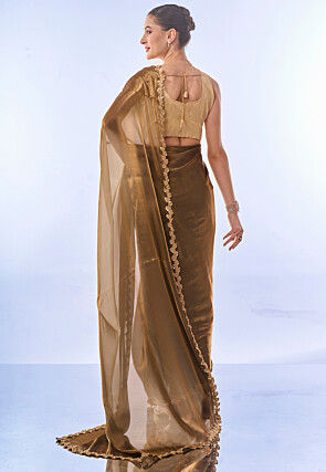 Embroidered Border Chiffon Shimmer Saree in Fawn