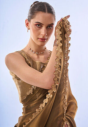 Embroidered Border Chiffon Shimmer Saree in Fawn