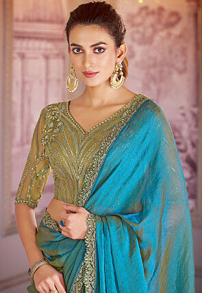 Pre-stitched Chiffon Shimmer Scalloped Saree in Blue