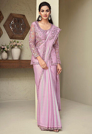 Embroidered Border Chiffon Shimmer Scalloped Saree in Light Purple