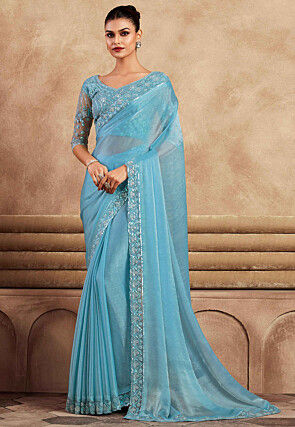 Embroidered Border Chiffon Silk Saree in Blue
