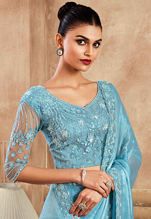 Embroidered Border Chiffon Silk Saree in Blue