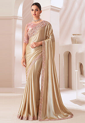 Embroidered Border Chinon Chiffon Saree in Beige
