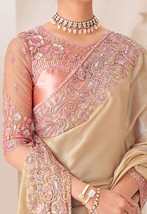 Embroidered Border Chinon Chiffon Saree in Beige