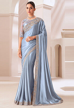Embroidered Border Chinon Chiffon Saree in Blue