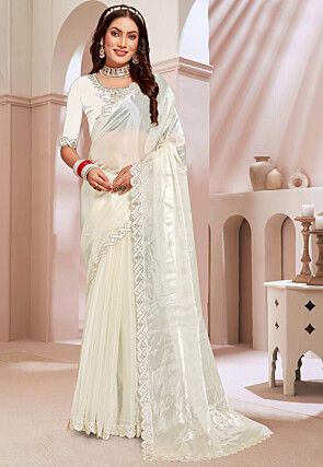 Embroidered Border Chinon Chiffon Saree in Off White