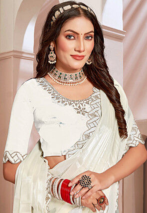 Embroidered Border Chinon Chiffon Saree in Off White