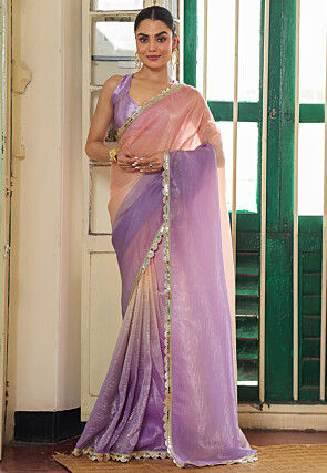 Embroidered Chinon Chiffon Shaded Saree in Peach and Purple