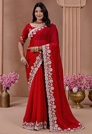 Embroidered Border Chinon Chiffon Saree in Red