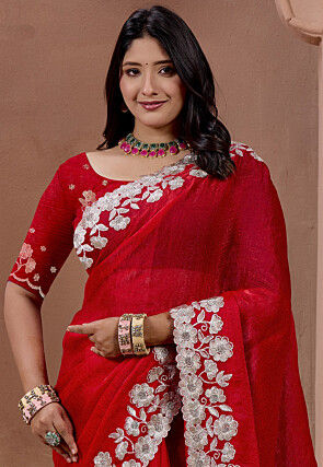Embroidered Border Chinon Chiffon Saree in Red