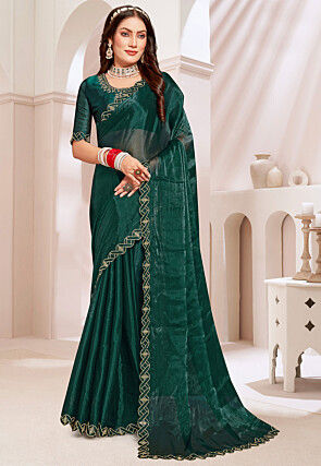 Embroidered Border Chinon Chiffon Saree in Teal Green