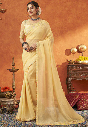 Embroidered Border Chinon Chiffon Scalloped Saree in Yellow