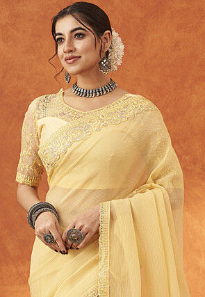 Embroidered Border Chinon Chiffon Scalloped Saree in Yellow