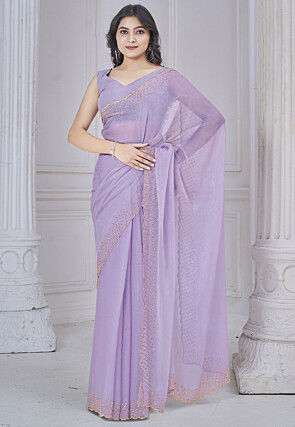 Embroidered Border Chinon Chiffon Shimmer Saree in Purple