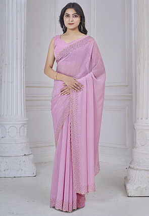 Embroidered Border Chinon Chiffon Shimmer Saree in Purple