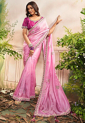 Embroidered Border Chinon Silk Saree in Baby Pink