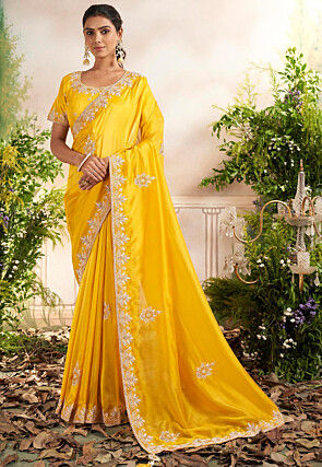Wedding Wear Vichitra Silk Embroidered Cutting Pasting Bead Work Saree  Blouse