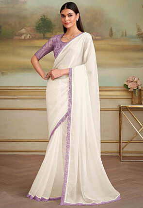 Embroidered Border Chinon Silk Saree in Off White