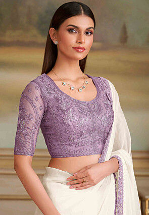 Embroidered Border Chinon Silk Saree in Off White