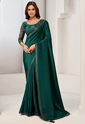 Embroidered Border Crepe Saree in Green