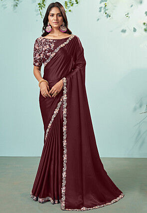 Embroidered Border Crepe Saree in Maroon