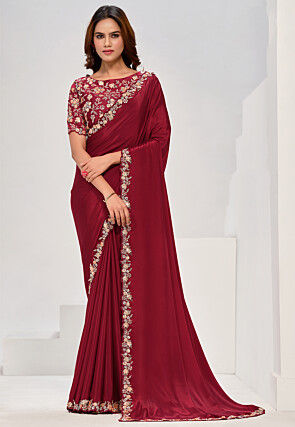 Embroidered Border Crepe Saree in Maroon