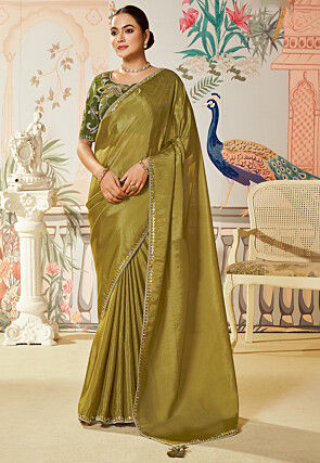 Embroidered Border Crepe Saree in Olive Green