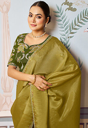 Embroidered Border Crepe Saree in Olive Green
