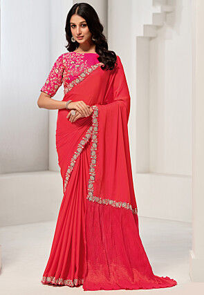 Embroidered Border Crepe Saree in Red