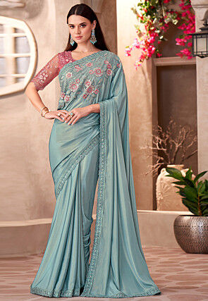 Embroidered Crepe Shimmer Saree in Light Blue