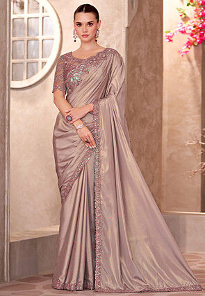 Embroidered Border Crepe Shimmer Saree in Old Rose