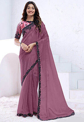 Embroidered Border Crepe Silk Saree in Dusty Purple