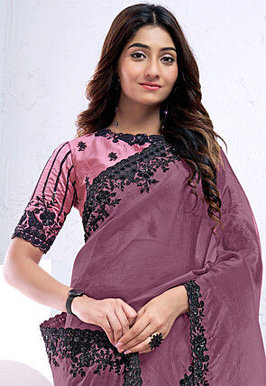 Embroidered Border Crepe Silk Saree in Dusty Purple